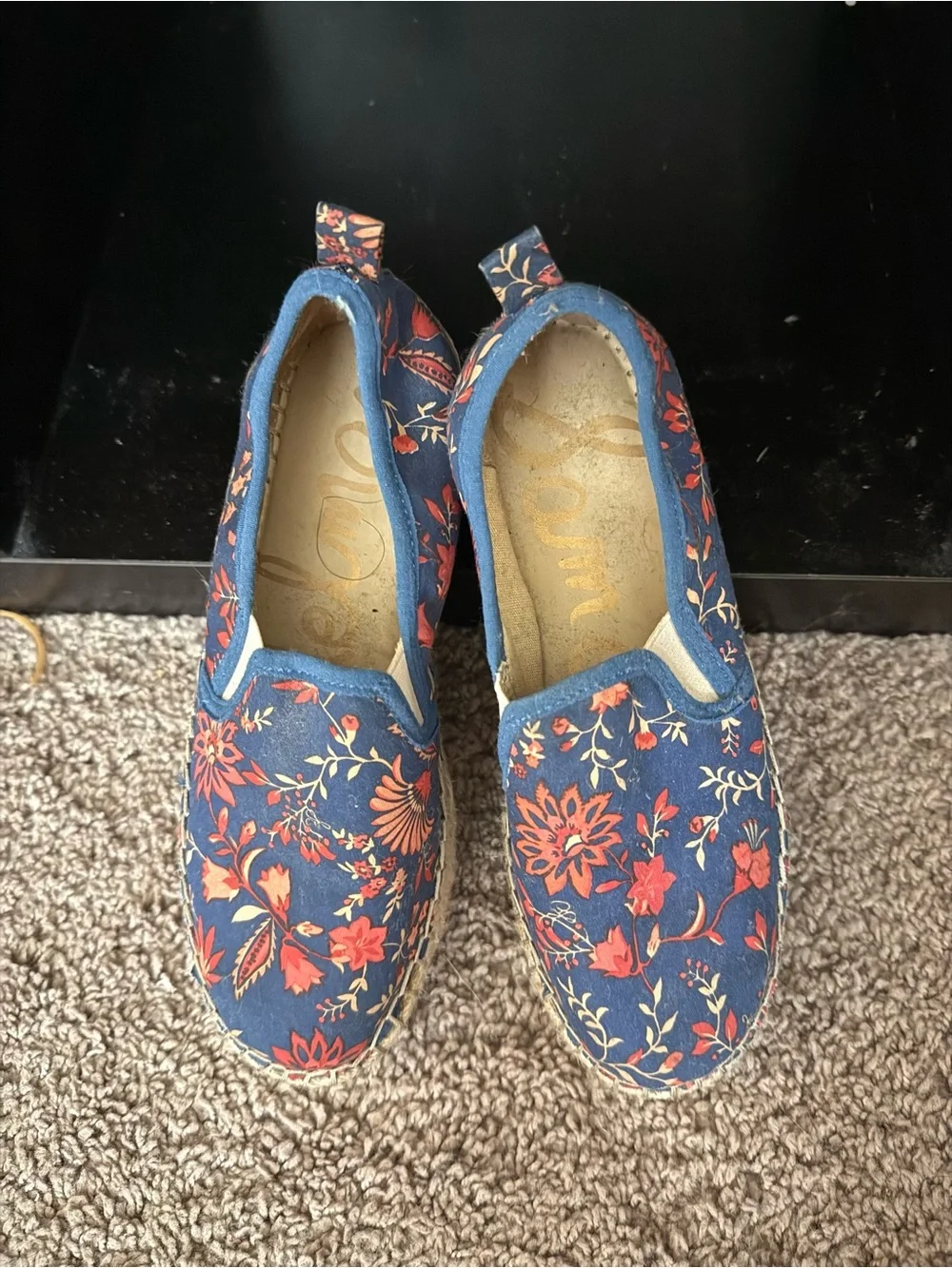 Sam Edelman Navy Canvas Floral Slip-On Espadrilles with Coral Accents
